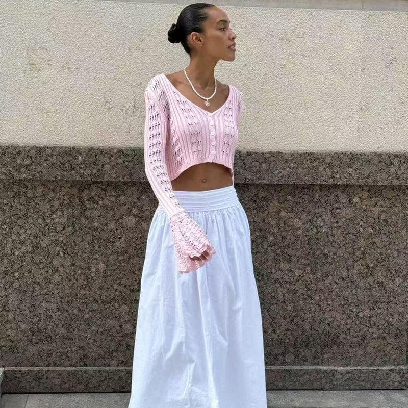 Cute V Neck Button Up Ruffle Cuff Long Sleeve Crochet Knit Crop Cardigan