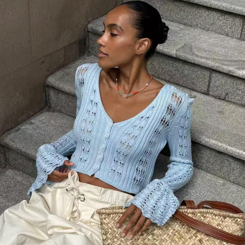 Cute V Neck Button Up Ruffle Cuff Long Sleeve Crochet Knit Crop Cardigan