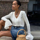 Cute V Neck Button Up Ruffle Cuff Long Sleeve Crochet Knit Crop Cardigan