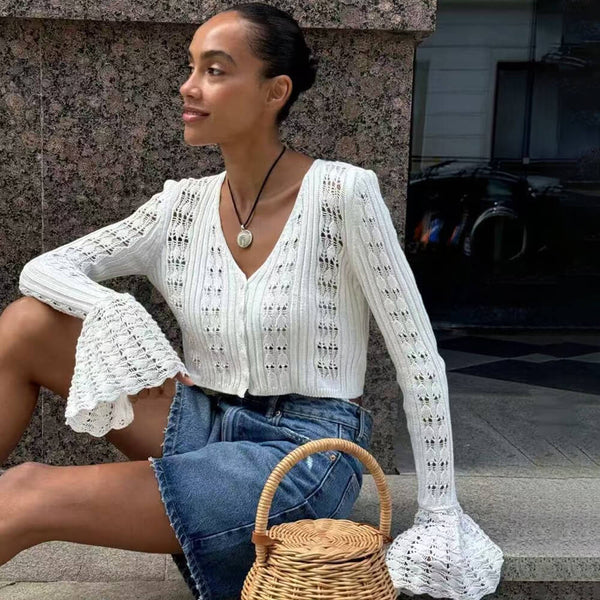 Cute V Neck Button Up Ruffle Cuff Long Sleeve Crochet Knit Crop Cardigan