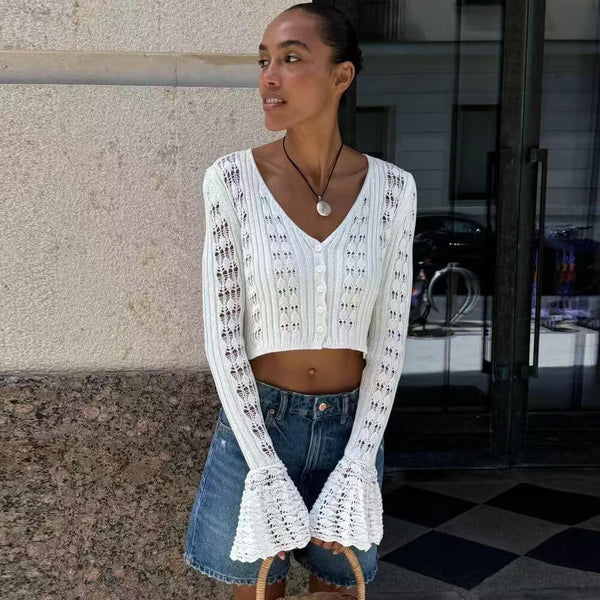 Cute V Neck Button Up Ruffle Cuff Long Sleeve Crochet Knit Crop Cardigan