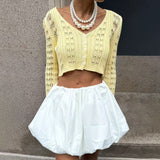 Cute V Neck Button Up Ruffle Cuff Long Sleeve Crochet Knit Crop Cardigan