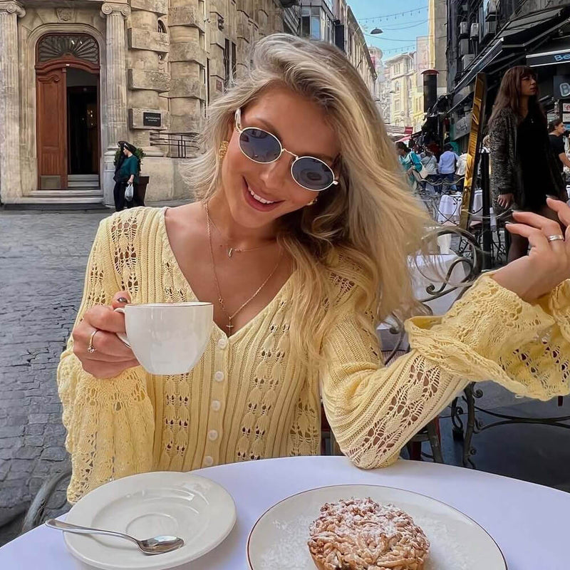 Cute V Neck Button Up Ruffle Cuff Long Sleeve Crochet Knit Crop Cardigan