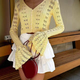 Cute V Neck Button Up Ruffle Cuff Long Sleeve Crochet Knit Crop Cardigan