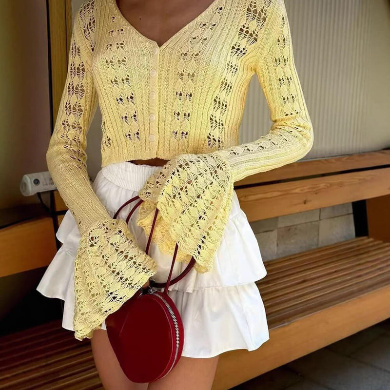 Cute V Neck Button Up Ruffle Cuff Long Sleeve Crochet Knit Crop Cardigan