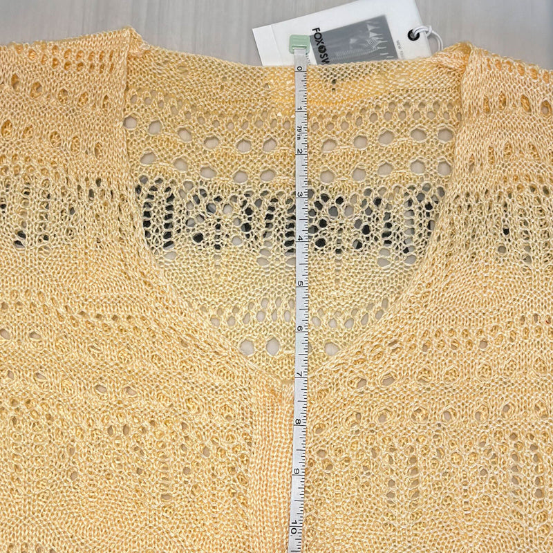 Cute V Neck Ruched Drawstring Scalloped Cropped Beige Crochet Open Knit Top