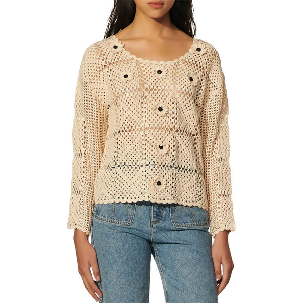 Delicate Floral Appliqué Sheer Crochet Square Knit Crew Neck Khaki Crop Top