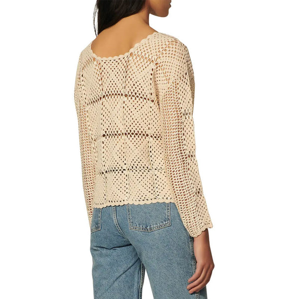 Delicate Floral Appliqué Sheer Crochet Square Knit Crew Neck Khaki Crop Top