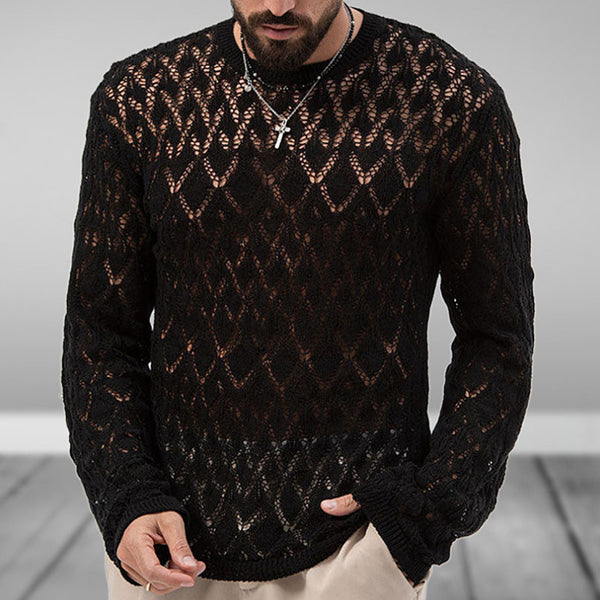 Edgy Pointelle Open Knit Round Neck Long Sleeve Men Pullover Sweater