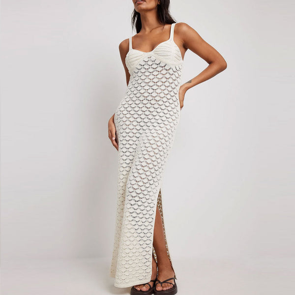 Elegant Chunky Rib Sweetheart Split Sheer Crochet Knit Maxi Cover Up Dress