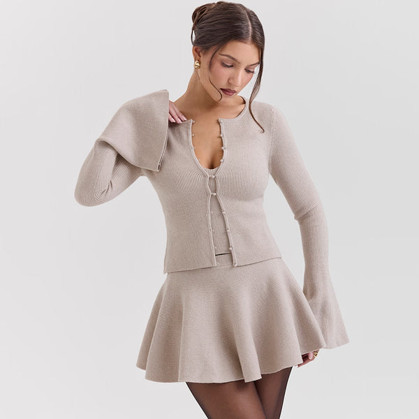 Elegant Crew Neck Pearly Button Up Bell Sleeve Ribbed Knit Crop Cardigan