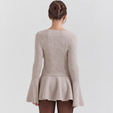 Elegant Crew Neck Pearly Button Up Bell Sleeve Ribbed Knit Crop Cardigan