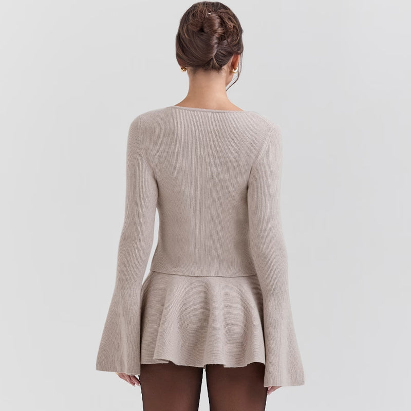 Elegant Crew Neck Pearly Button Up Bell Sleeve Ribbed Knit Crop Cardigan