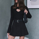 Elegant Heart Shape Cutout Flare Sleeve Round Neck Slim Ribbed Knit Sweater