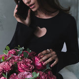 Elegant Heart Shape Cutout Flare Sleeve Round Neck Slim Ribbed Knit Sweater