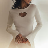 Elegant Heart Shape Cutout Flare Sleeve Round Neck Slim Ribbed Knit Sweater