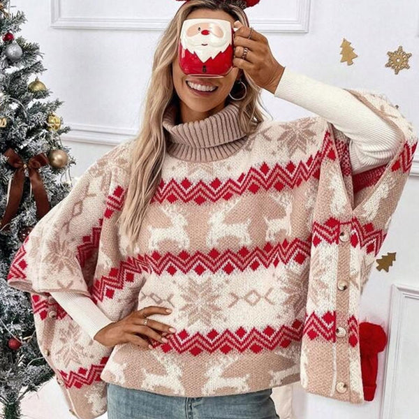 Elegant Oversized Batwing Sleeve Rib Knit Turtleneck Poncho Christmas Sweater
