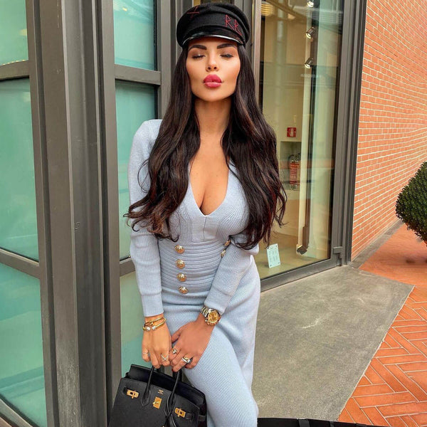 Elegant Plunge Buttoned Long Sleeve Rib Knit Cashmere Sweater Midi Dress