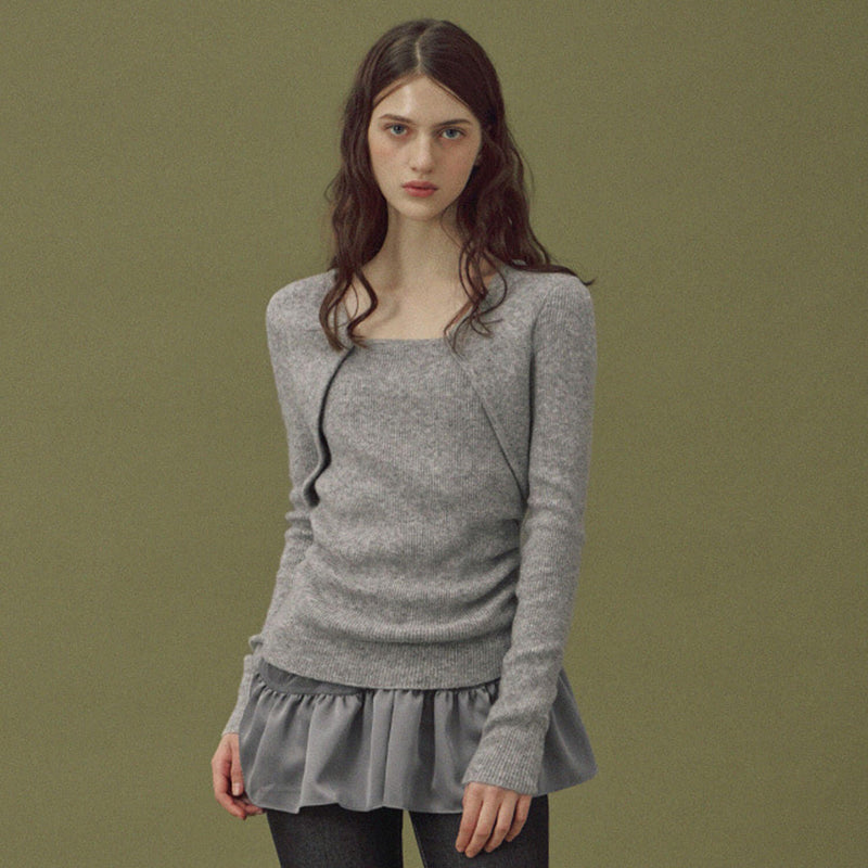 Elegant Raglan Sleeve Ruched Trim Ribbed Knit Wool Blend Sweater
