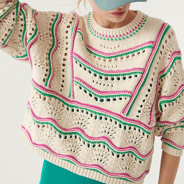 Festival Contrast Striped Round Neck Pointelle Knit Oversized Pullover Sweater