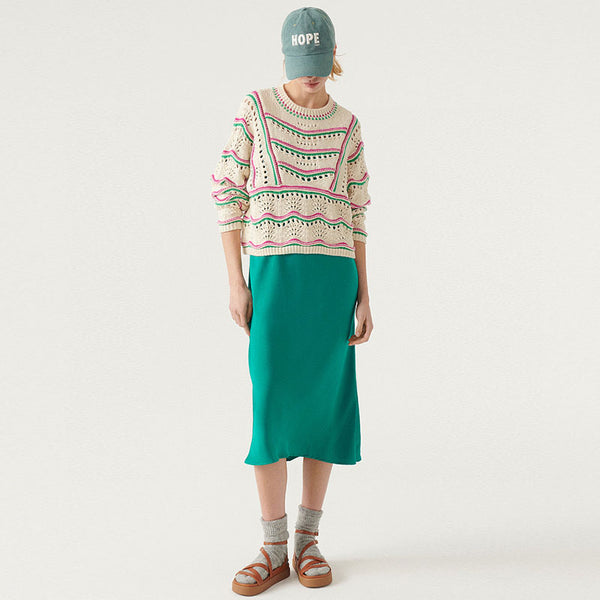 Festival Contrast Striped Round Neck Pointelle Knit Oversized Pullover Sweater