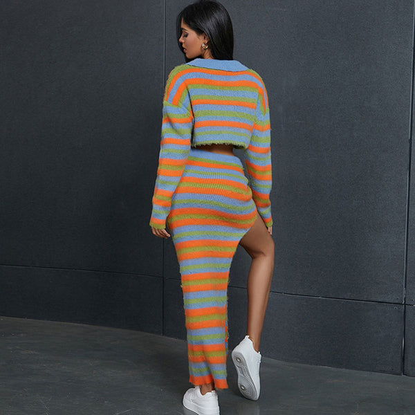 Flashy Rainbow Stripe Cropped Cardigan and High Rise Maxi Knit Skirt Matching Set