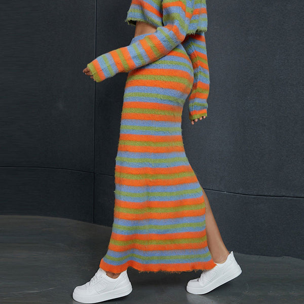 Flashy Rainbow Stripe High Waist Side Split Bodycon Maxi Knit Skirt
