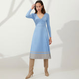 Flirty V Neck Fit and Flare Pleated Contrast Striped Rib Knit Midi Dress