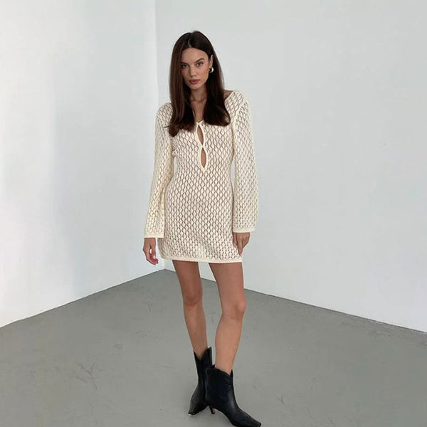 Flowy V Neck Duo Cut out Bell Sleeve Summer Crochet Knit Mini Dress