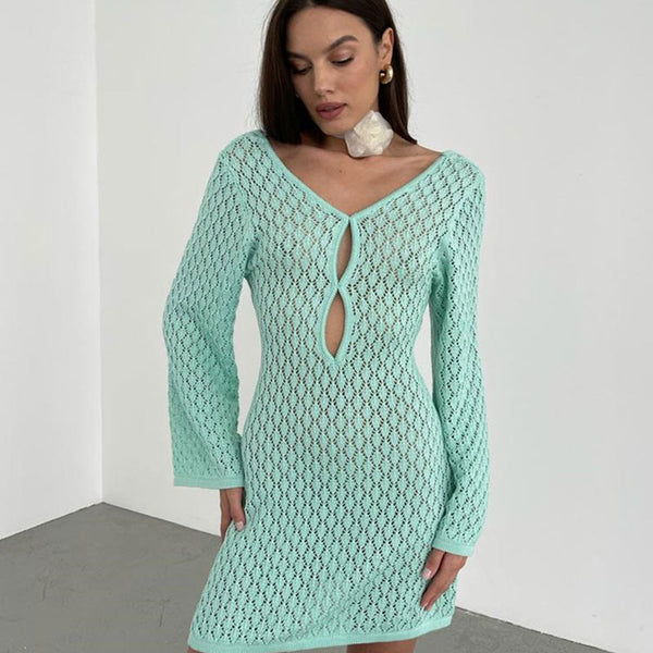 Flowy V Neck Duo Cut out Bell Sleeve Summer Crochet Knit Mini Dress