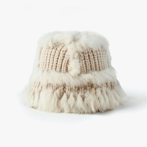 Fluffy Faux Fur Trim Handmade Crochet Cable Knit Bucket Hat