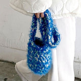 Fluffy Multicolor Chunky Yarn Hand Made Crochet Knit Crossbody Bag