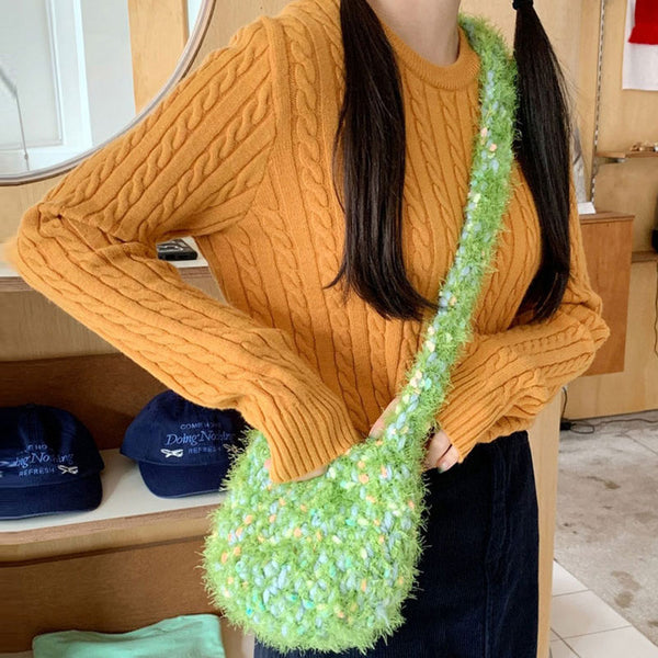 Fluffy Multicolor Chunky Yarn Hand Made Crochet Knit Crossbody Bag
