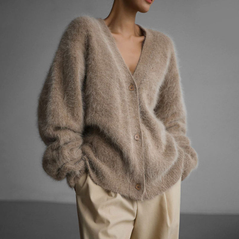 「#期間限定」のおすすめ人気ランキング Fluffy V Neck Button Front Long Sleeve Solid Color Oversized カーディガン