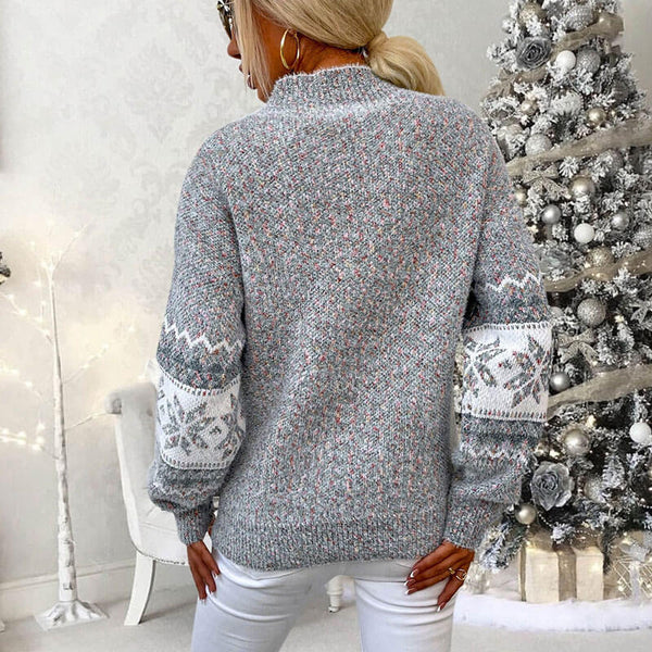 Fuzzy Snowflake Mock Neck Long Sleeve Rib Knit Chenille Christmas Sweater
