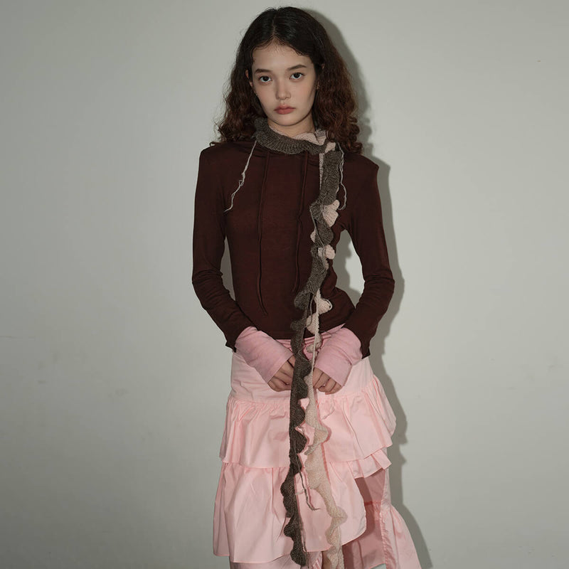 Gen Z Contrast Color Ruffle Ribbed Draped Long Skinny Knit Scarf