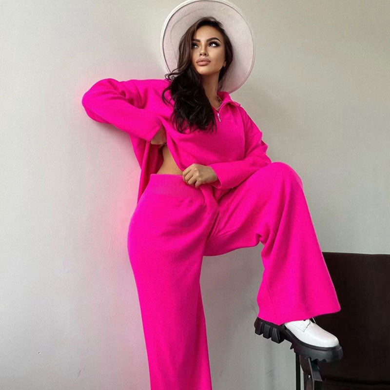 Leisure Knit Half Zip Pullover Sweater and Wide Leg Pants Matching Set