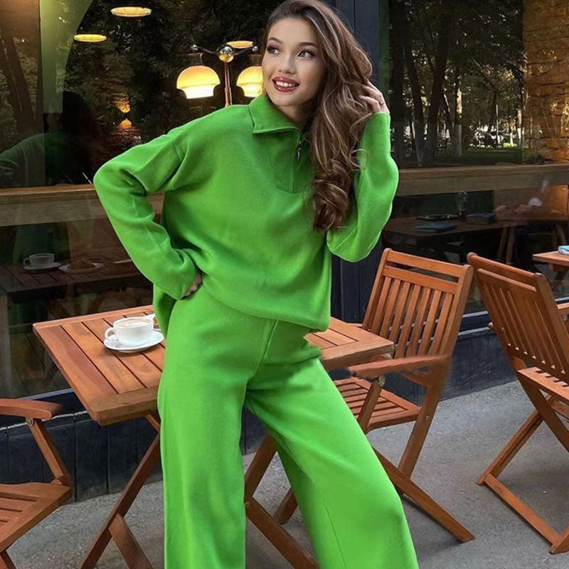 Leisure Knit Half Zip Pullover Sweater and Wide Leg Pants Matching Set