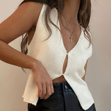 Leisure Monochrome V Neck Keyhole Cutout Front Split Knit Tank Top