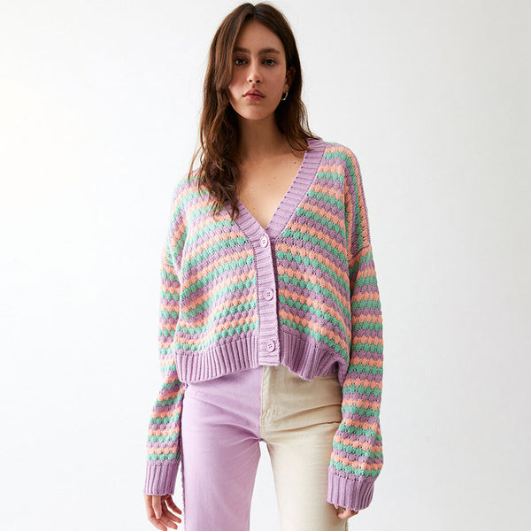 Leisure Multicolored Striped Jacquard Knit V Neck Drop Shoulder Button Up Cardigan