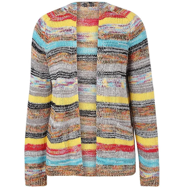 Leisure Rainbow Striped Open Front Long Sleeve Oversized Knit Cardigan
