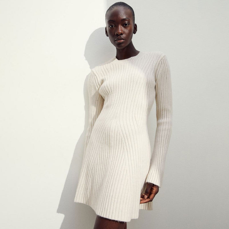 Leisure Round Neck Long Sleeve A Line Chunky Ribbed Knit Sweater Mini Dress