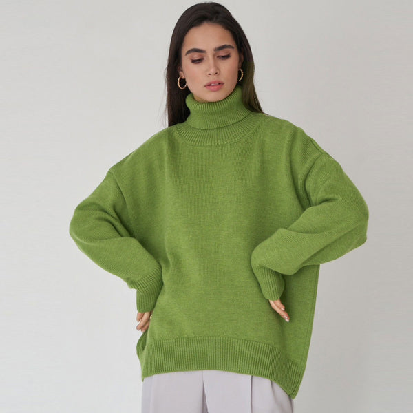 Leisure Turtleneck Long Sleeve Oversized Rib Knit High Low Pullover Sweater