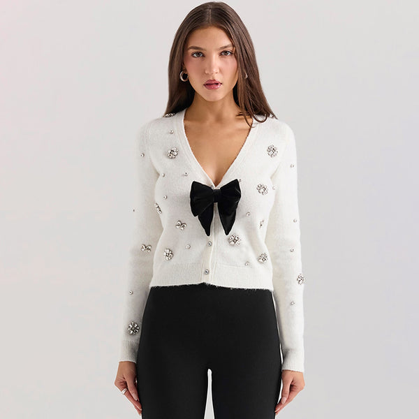 Luxurious Crystal V Neck Button Up Sleeved Bow Trim Ribbed Knit Cardigan
