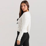 Luxurious Crystal V Neck Button Up Sleeved Bow Trim Ribbed Knit Cardigan