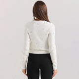 Luxurious Crystal V Neck Button Up Sleeved Bow Trim Ribbed Knit Cardigan