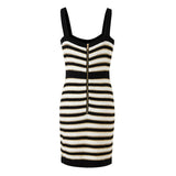 Luxury Buttoned Lurex Black and White Striped Knit Sleeveless Sweater Mini Dress