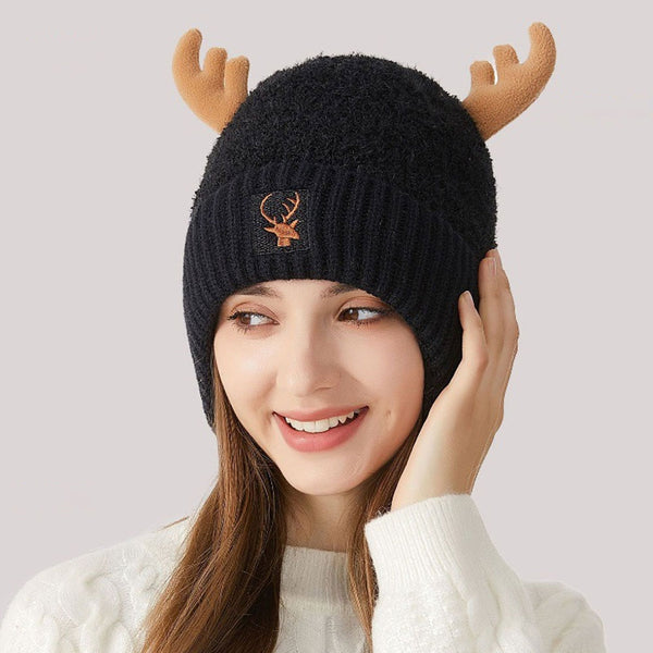 Merry Christmas Embroidered Chunky Rib Knit Earflap Elk Horn Beanie