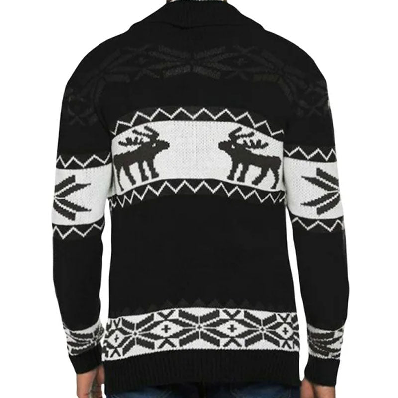 Merry Christmas Fair Isle Reindeer Shawl Collar Button Up Men Knit Cardigan