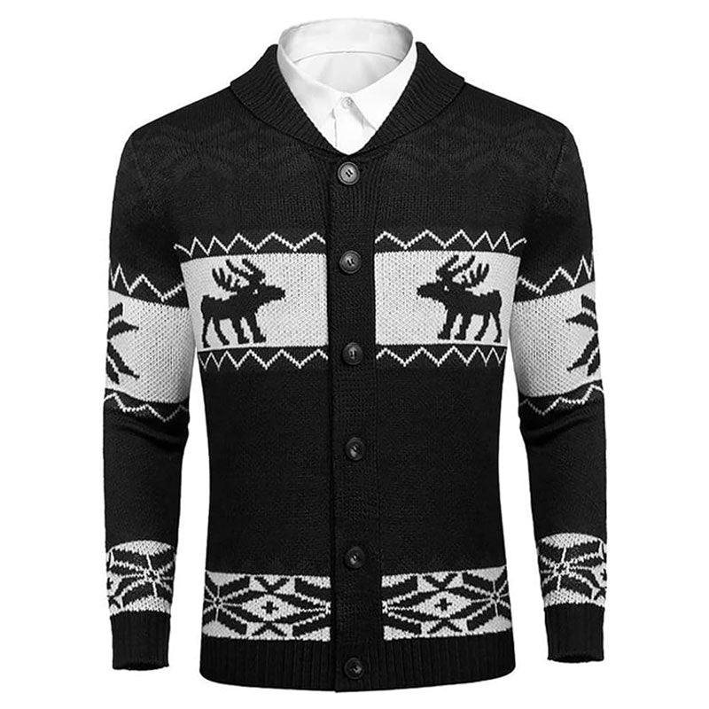Merry Christmas Fair Isle Reindeer Shawl Collar Button Up Men Knit Cardigan